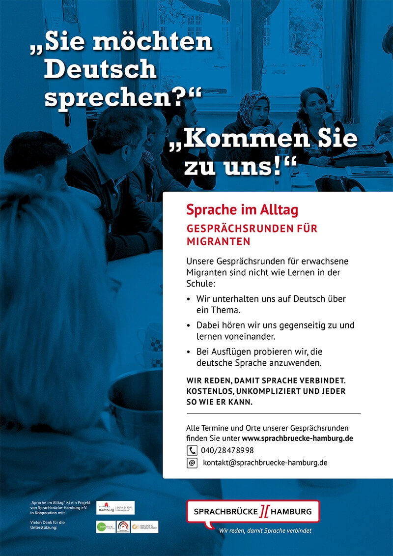 Plakat im Hochformat mit dem Slogan „Sie möchten Deutsch sprechen - kommen Sie zu uns!“