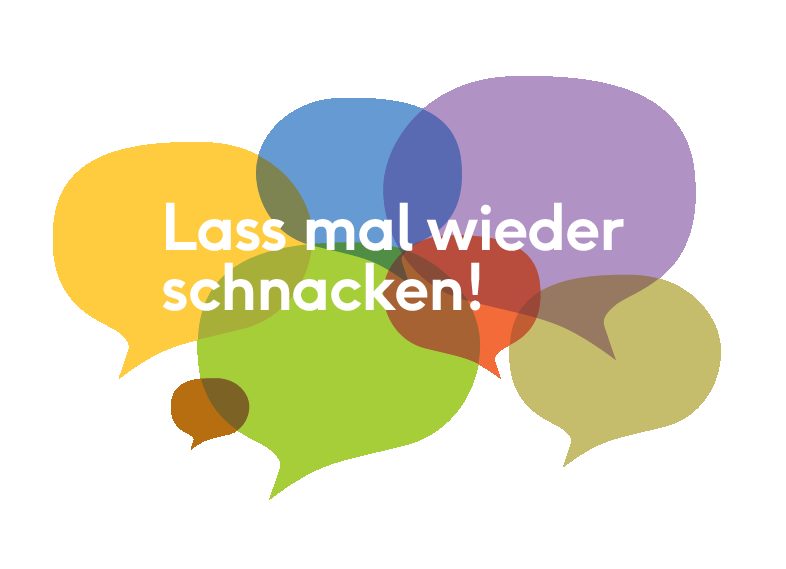 Postkare mit dem Spruch "Lass mal wieder schnacken!" erstellt zum 10-jährigen Jubiläum von Sprachbrücke-Hamburg e.V. zum Weitergeben und Weiterverschicken.